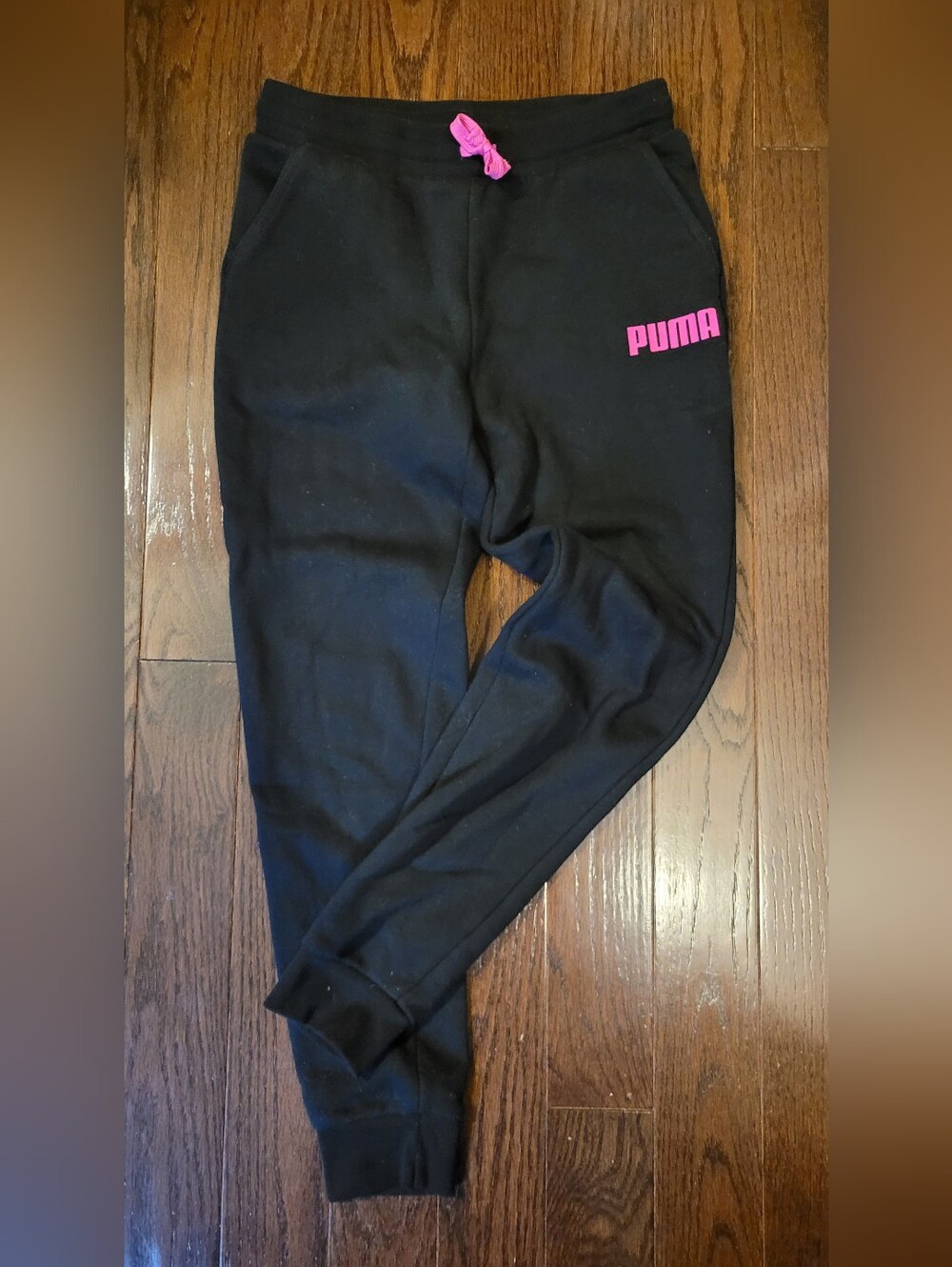 Girls Puma Black Sweatpants with Pink Logo